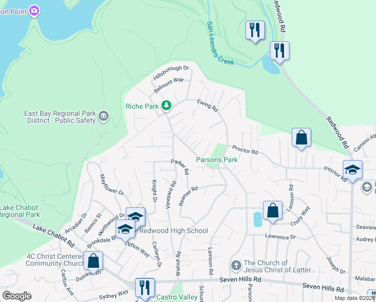 map of restaurants, bars, coffee shops, grocery stores, and more near 17467 Almond Road in Castro Valley