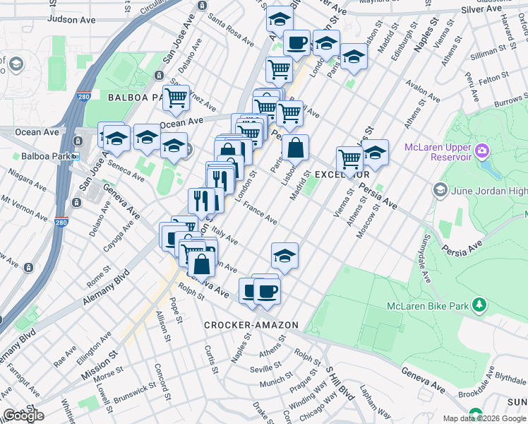 map of restaurants, bars, coffee shops, grocery stores, and more near 594 Lisbon Street in San Francisco
