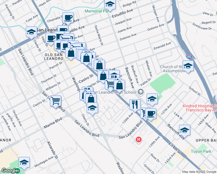map of restaurants, bars, coffee shops, grocery stores, and more near 2109 East 14th Street in San Leandro