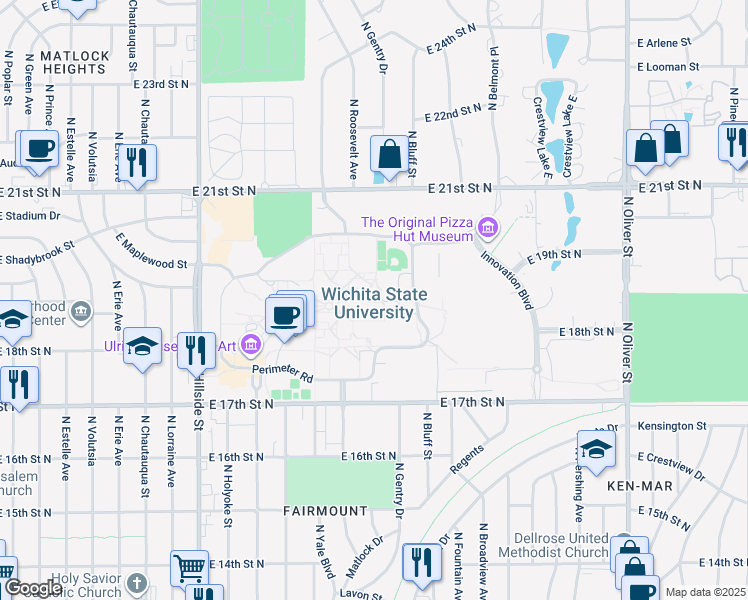 map of restaurants, bars, coffee shops, grocery stores, and more near 1845 Fairmount Street in Wichita