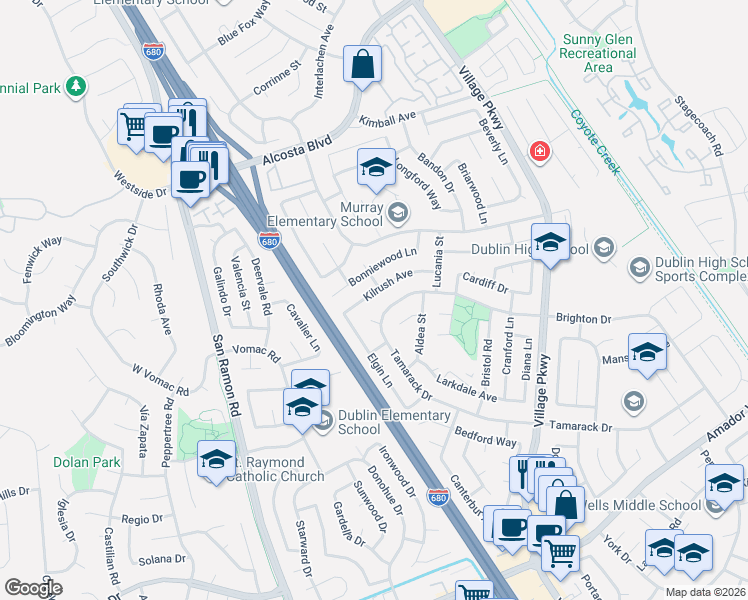 map of restaurants, bars, coffee shops, grocery stores, and more near 7605 Brighton Drive in Dublin