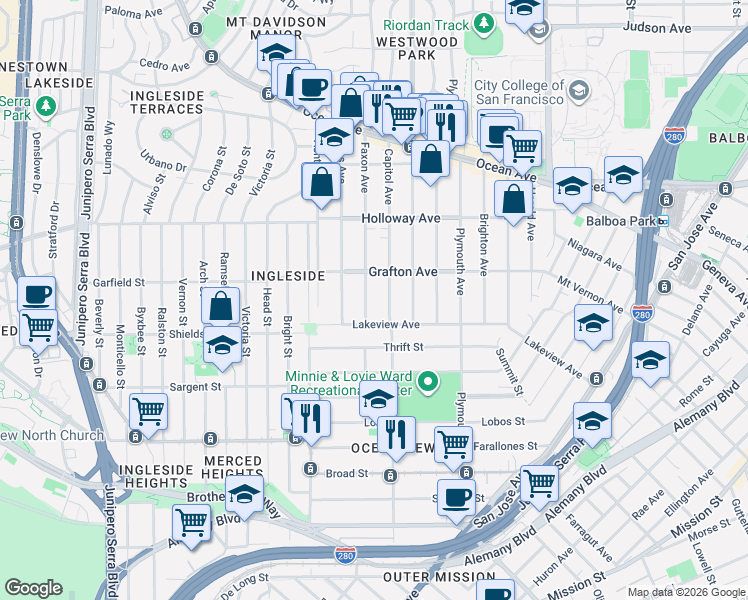 map of restaurants, bars, coffee shops, grocery stores, and more near 242 Faxon Avenue in San Francisco