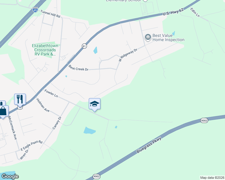 map of restaurants, bars, coffee shops, grocery stores, and more near 1-299 W Mossy Creek Ct in Elizabethtown