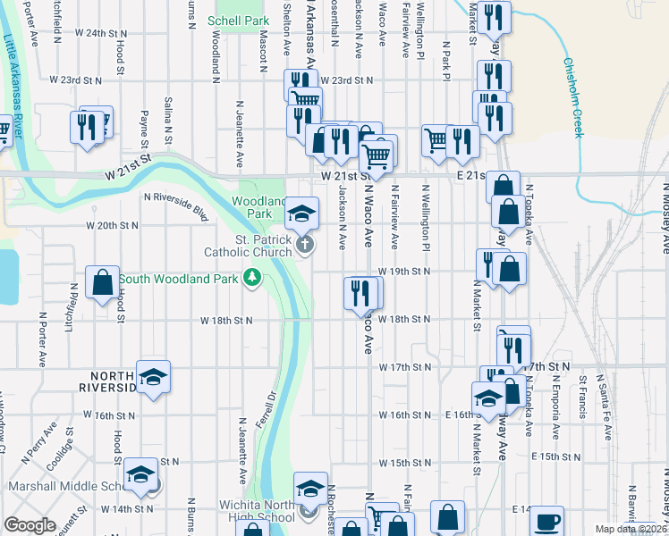 map of restaurants, bars, coffee shops, grocery stores, and more near 528 West 19th Street North in Wichita