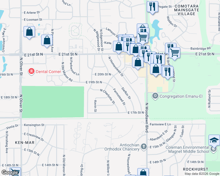 map of restaurants, bars, coffee shops, grocery stores, and more near 1939 North Farmstead Street in Wichita