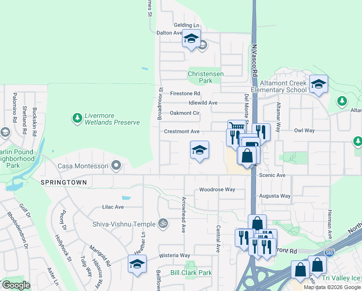map of restaurants, bars, coffee shops, grocery stores, and more near 5577 Greenwich Avenue in Livermore