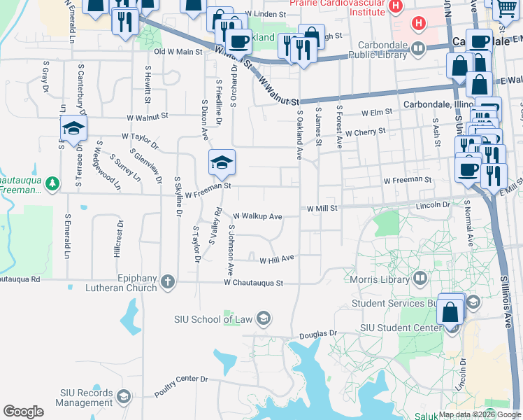 map of restaurants, bars, coffee shops, grocery stores, and more near 1114 West Walkup Avenue in Carbondale