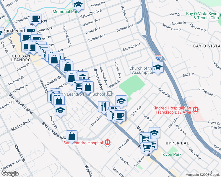 map of restaurants, bars, coffee shops, grocery stores, and more near 623 Valita Drive in San Leandro
