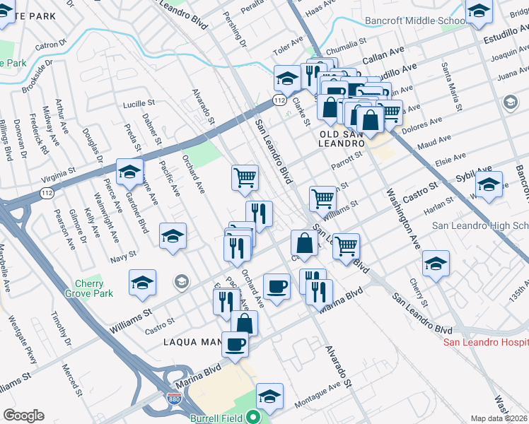 map of restaurants, bars, coffee shops, grocery stores, and more near 1645 Alvarado Street in San Leandro
