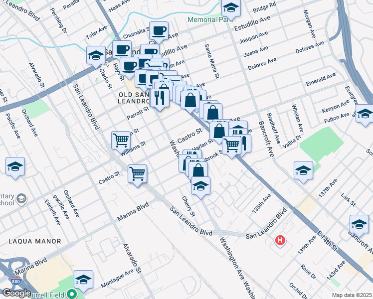 map of restaurants, bars, coffee shops, grocery stores, and more near 120 Harlan Street in San Leandro
