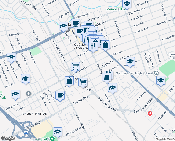 map of restaurants, bars, coffee shops, grocery stores, and more near 1833 Clarke Street in San Leandro