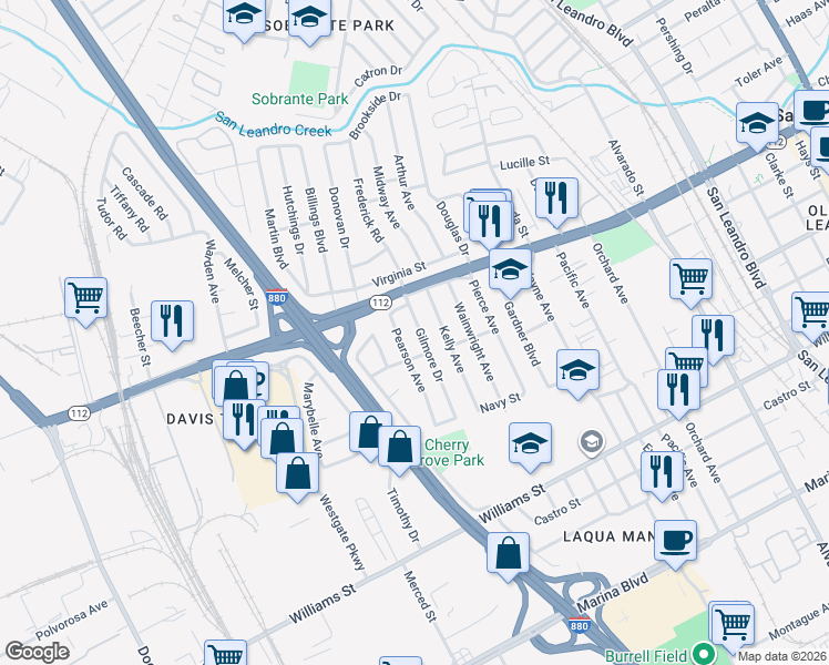 map of restaurants, bars, coffee shops, grocery stores, and more near 1338 Gilmore Drive in San Leandro