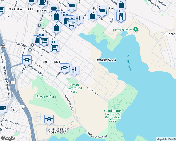 map of restaurants, bars, coffee shops, grocery stores, and more near 1111 Donner Avenue in San Francisco