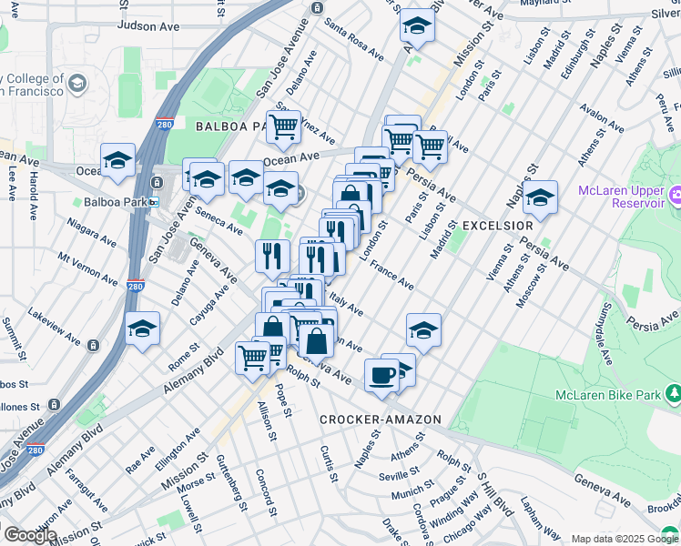 map of restaurants, bars, coffee shops, grocery stores, and more near 4961 Mission Street in San Francisco