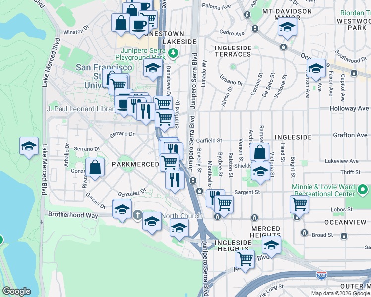 map of restaurants, bars, coffee shops, grocery stores, and more near 354 Denslowe Drive in San Francisco