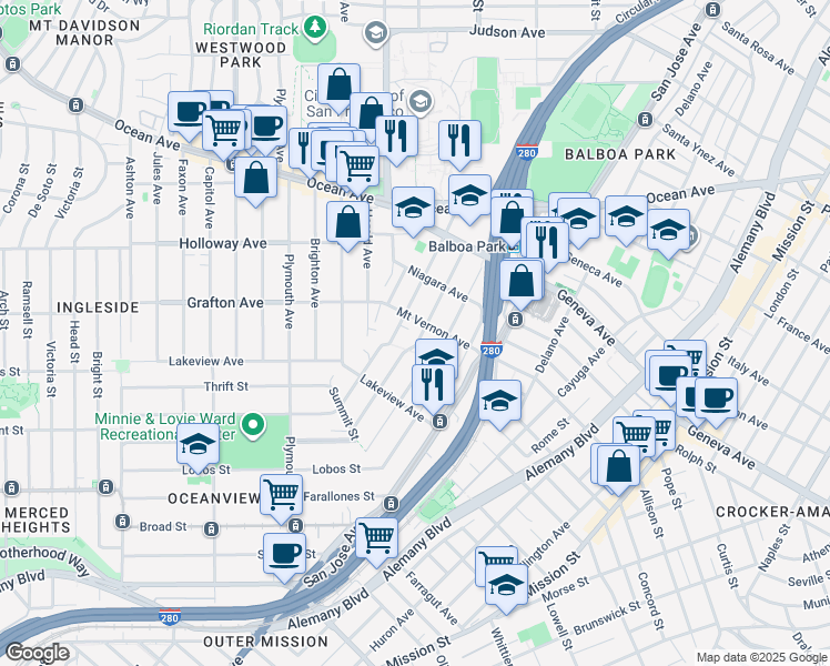 map of restaurants, bars, coffee shops, grocery stores, and more near 325 Louisburg Street in San Francisco