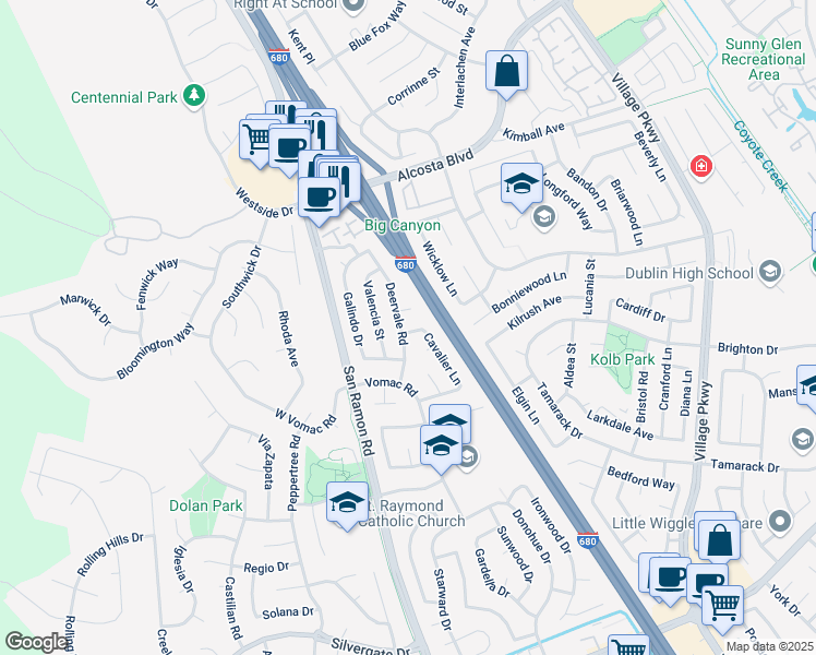 map of restaurants, bars, coffee shops, grocery stores, and more near 8495 Cavalier Lane in Dublin
