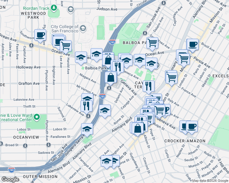 map of restaurants, bars, coffee shops, grocery stores, and more near Niagara Avenue in San Francisco