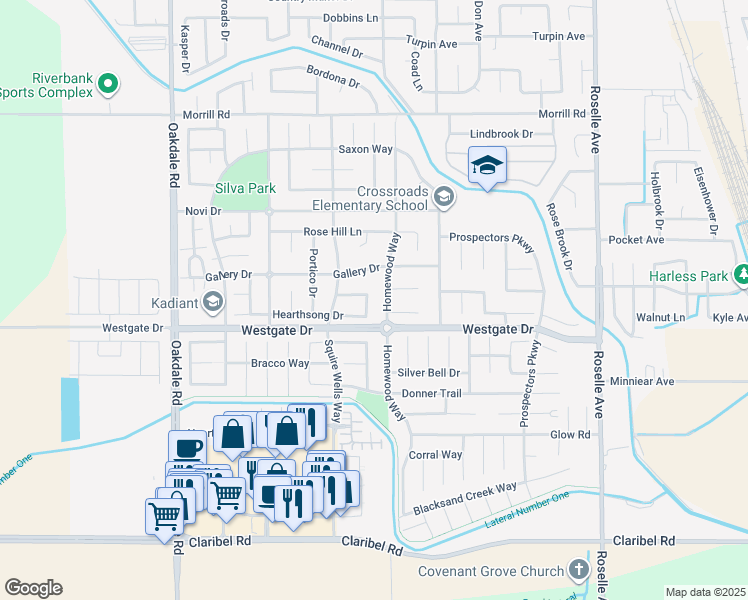 map of restaurants, bars, coffee shops, grocery stores, and more near 5515 Homewood Way in Riverbank