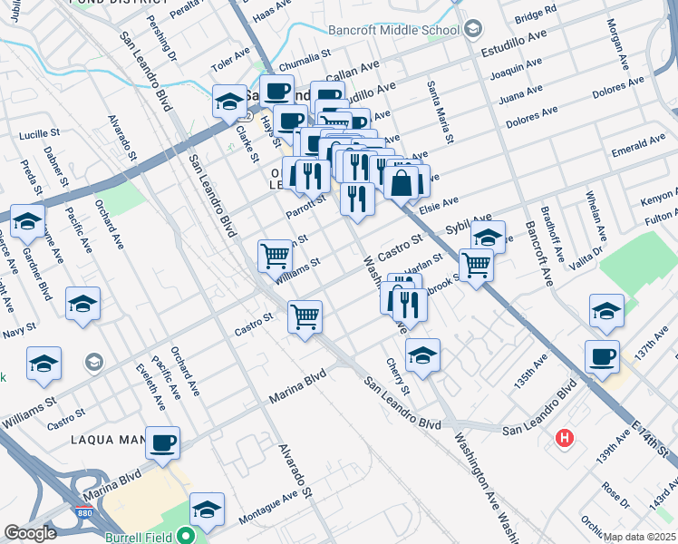 map of restaurants, bars, coffee shops, grocery stores, and more near 320 Castro Street in San Leandro