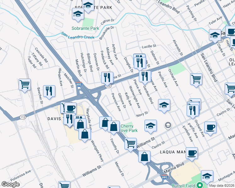map of restaurants, bars, coffee shops, grocery stores, and more near 1338 Gilmore Drive in San Leandro