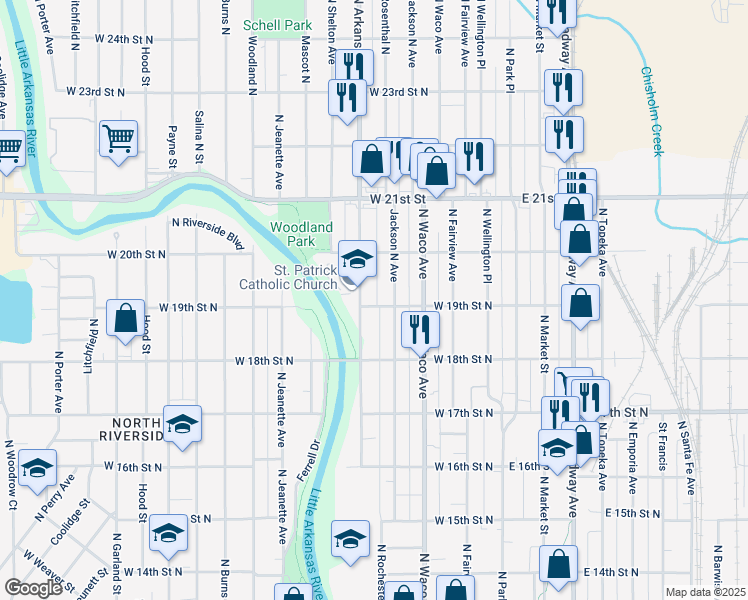 map of restaurants, bars, coffee shops, grocery stores, and more near 528 West 19th Street North in Wichita