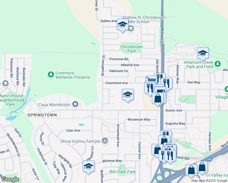 map of restaurants, bars, coffee shops, grocery stores, and more near 5577 Greenwich Avenue in Livermore