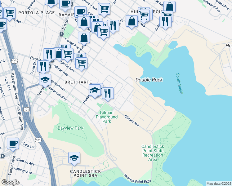 map of restaurants, bars, coffee shops, grocery stores, and more near 2498 Griffith Street in San Francisco