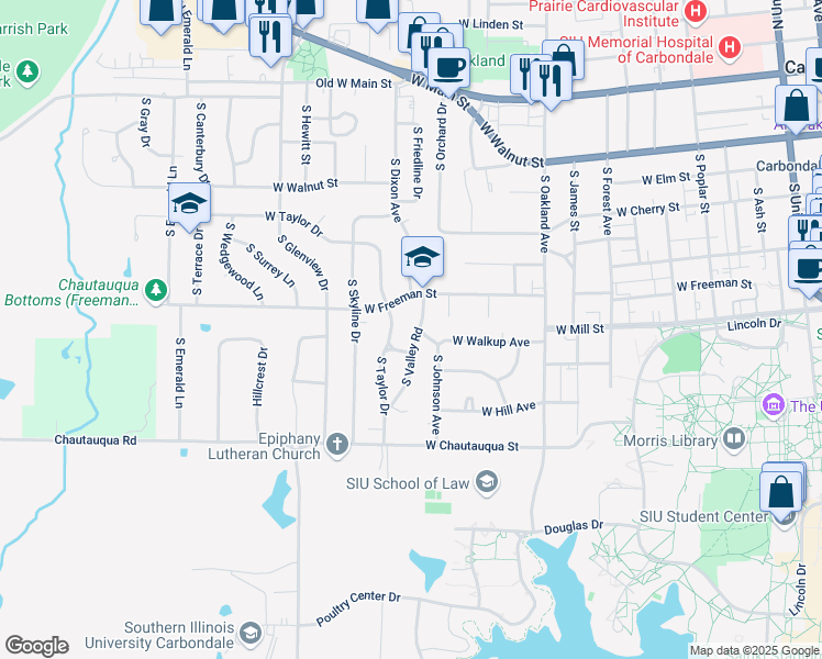 map of restaurants, bars, coffee shops, grocery stores, and more near 808 South Valley Road in Carbondale