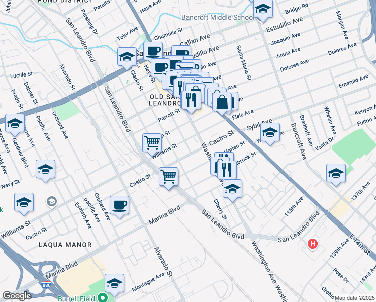 map of restaurants, bars, coffee shops, grocery stores, and more near 320 Castro Street in San Leandro