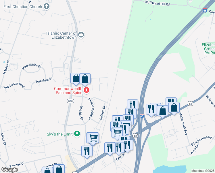 map of restaurants, bars, coffee shops, grocery stores, and more near Crimson Creek Court in Elizabethtown