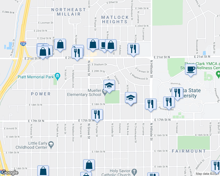 map of restaurants, bars, coffee shops, grocery stores, and more near 2001 North Estelle Street in Wichita