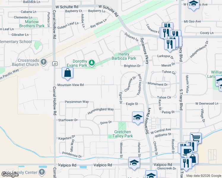 map of restaurants, bars, coffee shops, grocery stores, and more near 11378 Mountain View Road in Tracy