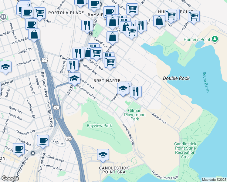 map of restaurants, bars, coffee shops, grocery stores, and more near 1022 Hollister Avenue in San Francisco