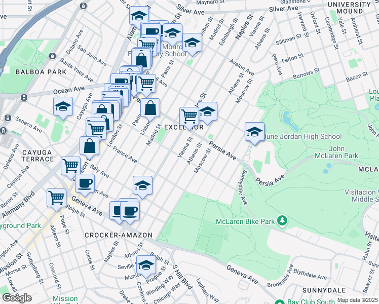 map of restaurants, bars, coffee shops, grocery stores, and more near 597 Vienna Street in San Francisco