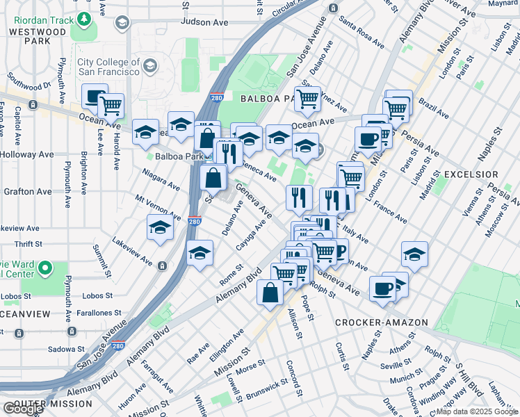 map of restaurants, bars, coffee shops, grocery stores, and more near 51 Seminole Avenue in San Francisco