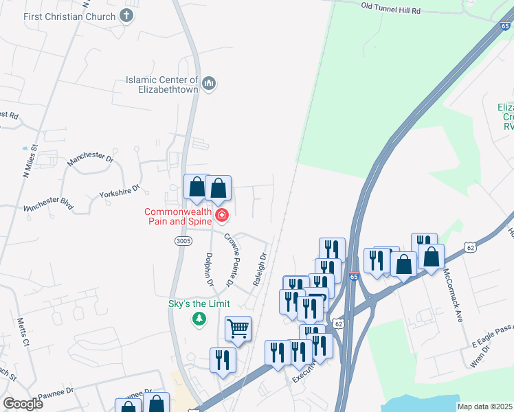 map of restaurants, bars, coffee shops, grocery stores, and more near 108A Crimson Creek Court in Elizabethtown