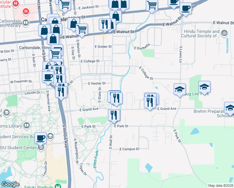 map of restaurants, bars, coffee shops, grocery stores, and more near 701 South Wall Street in Carbondale