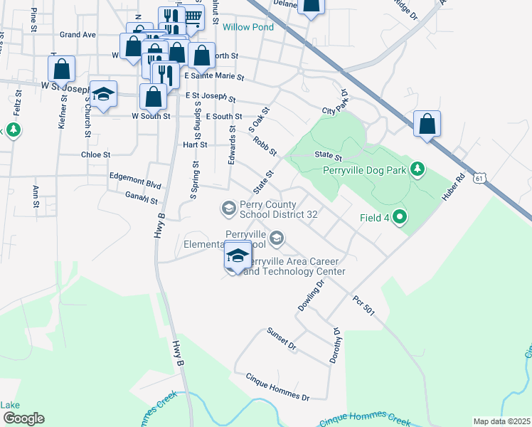 map of restaurants, bars, coffee shops, grocery stores, and more near 510 Schindler Road in Perryville