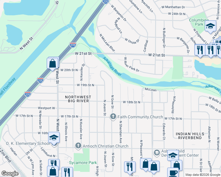 map of restaurants, bars, coffee shops, grocery stores, and more near 1944 North Gow Street in Wichita