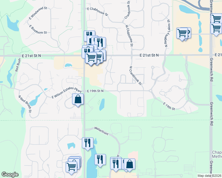 map of restaurants, bars, coffee shops, grocery stores, and more near 9820 East 19th Street North in Wichita