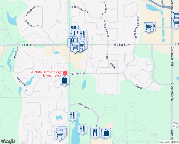 map of restaurants, bars, coffee shops, grocery stores, and more near 9814 East 19th Street North in Wichita