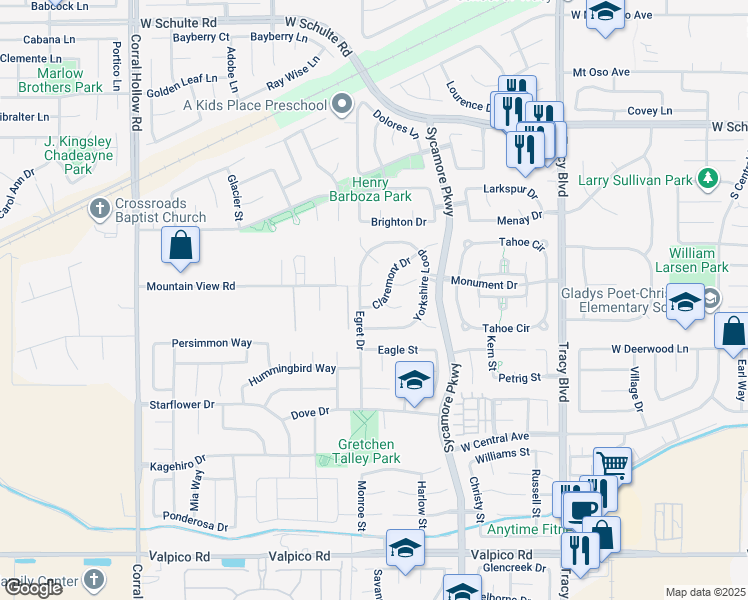 map of restaurants, bars, coffee shops, grocery stores, and more near 1471 Claremont Drive in Tracy