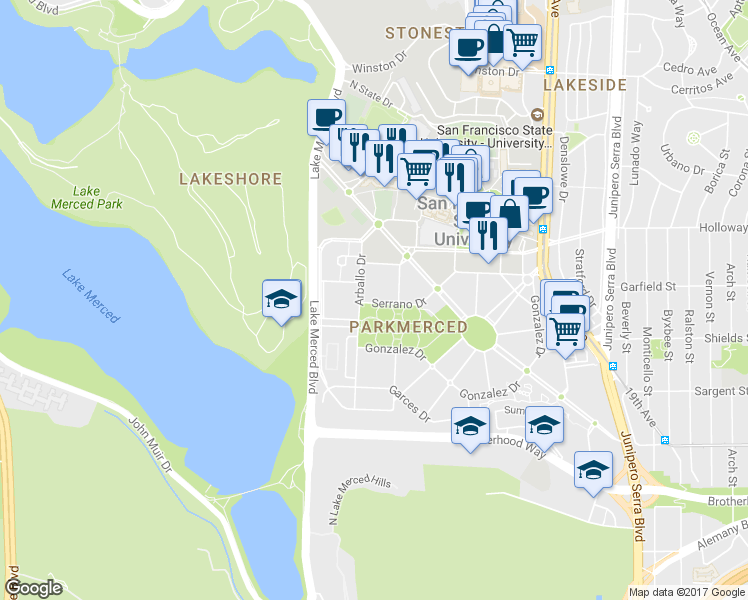 map of restaurants, bars, coffee shops, grocery stores, and more near 428 Serrano Drive in San Francisco