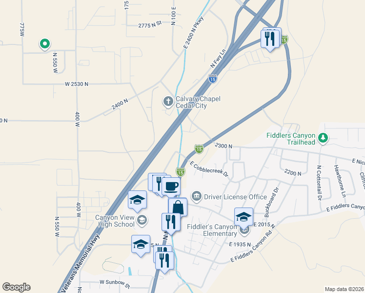 map of restaurants, bars, coffee shops, grocery stores, and more near 2191-2285 North Main Street in Cedar City