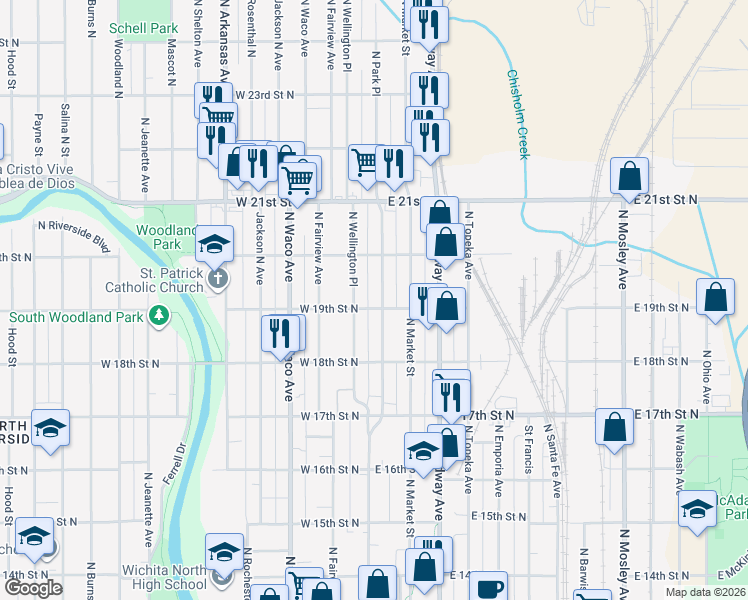 map of restaurants, bars, coffee shops, grocery stores, and more near 2000-2098 Park Pl in Wichita