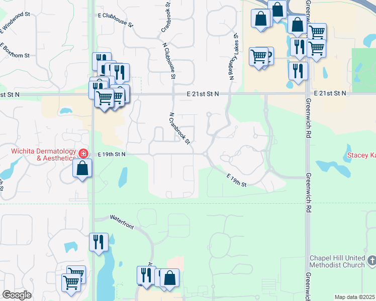 map of restaurants, bars, coffee shops, grocery stores, and more near 10306 East 19th Street North in Wichita