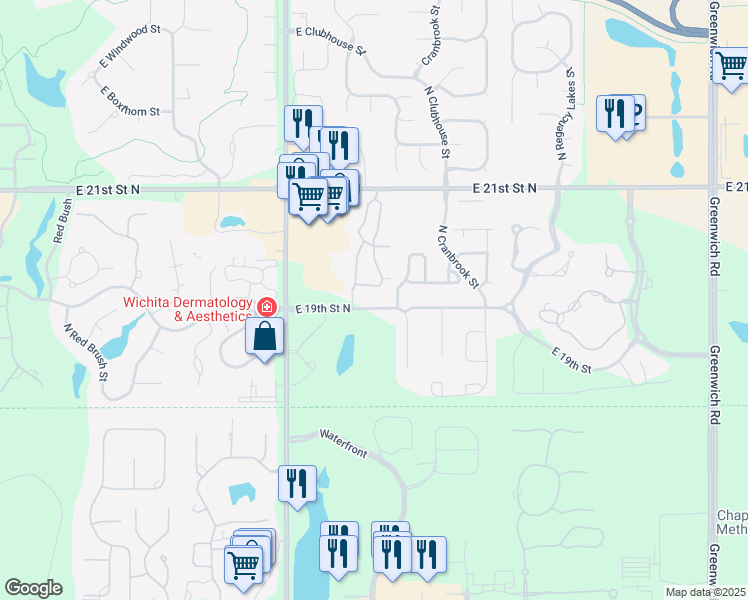 map of restaurants, bars, coffee shops, grocery stores, and more near 9818 East 19th Street North in Wichita