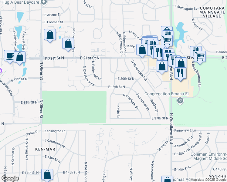 map of restaurants, bars, coffee shops, grocery stores, and more near North Edgemoor Street in Wichita