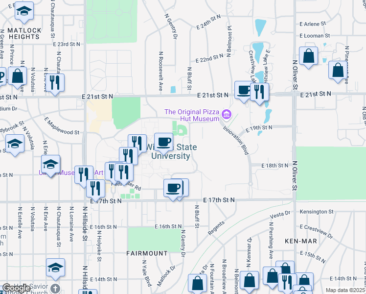 map of restaurants, bars, coffee shops, grocery stores, and more near Research Place in Wichita